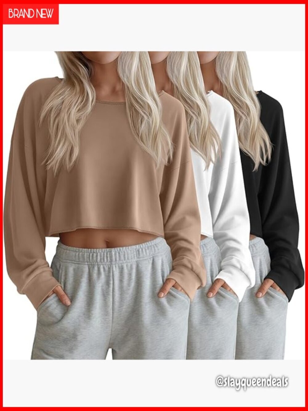3 Pack Women's Cropped Long Sleeve Tops Boat Neck Loose Fit Oversized Tees